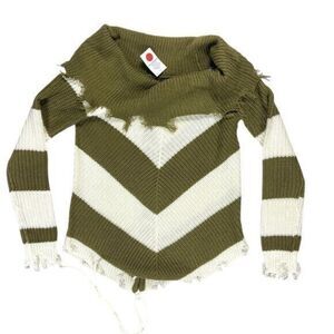 Derek Heart Distressed Frayed Sweater S Olive Green/White Striped Lace Up Back